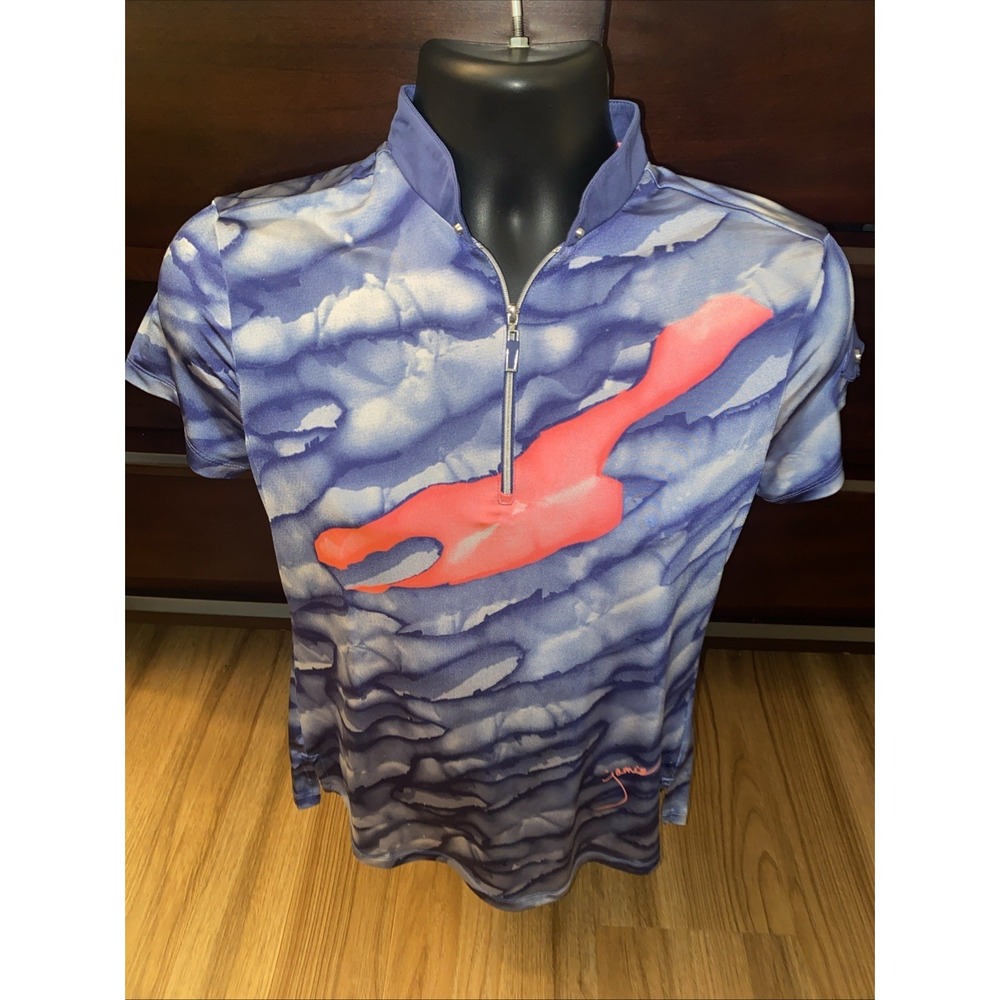 JAMIE SADOCK TOP Size Small 1/4 Zip Short Sleeve Blue Geometric Wave